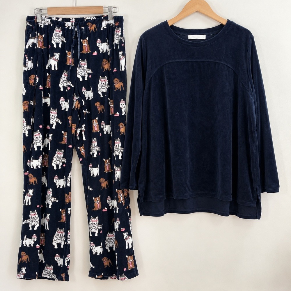 Carole Hochman Cozies Dog Print Pajama Set Women L Navy Fleece Loungewear